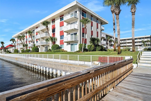 view of building exterior featuring a water view