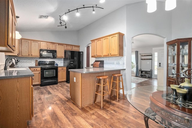 kitchen with sink, high vaulted ceiling, dark hardwood / wood-style floors, decorative backsplash, and black appliances