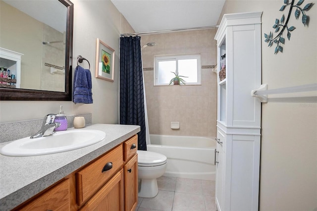 full bathroom with vanity, tile patterned flooring, shower / bath combination with curtain, and toilet