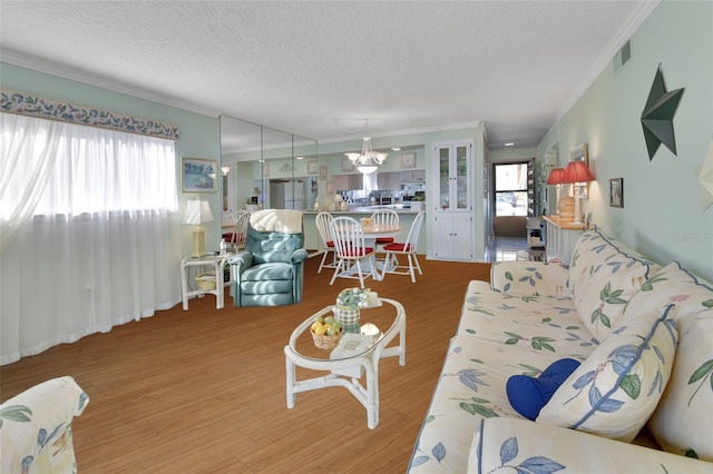 600 N Boundary Ave Unit 114B, Deland, FL 32720 - living room with ornamental molding, a chandelier, a textured ceiling, and wood finished floors