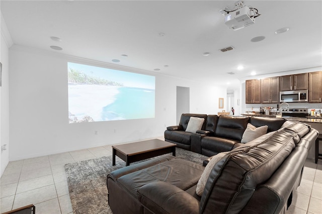 tiled living room featuring crown molding