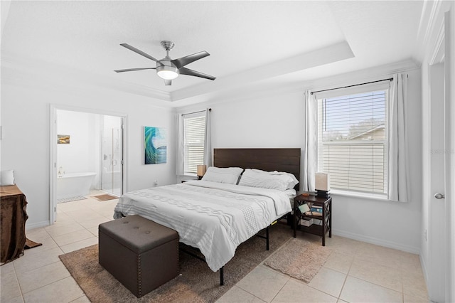 bedroom featuring light tile patterned flooring, ceiling fan, ornamental molding, and a raised ceiling