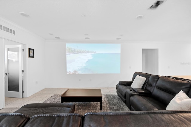 living room featuring crown molding and light tile patterned floors