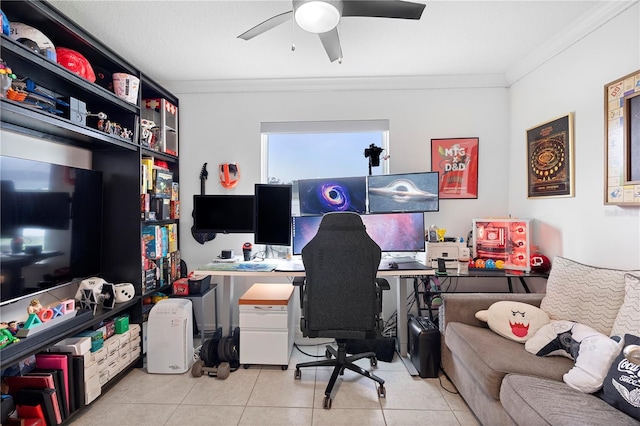 tiled office featuring ornamental molding and ceiling fan