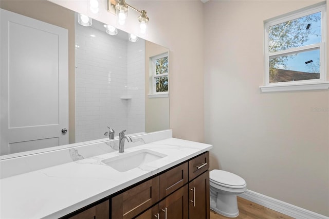 bathroom featuring vanity, wood-type flooring, and toilet