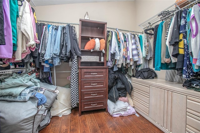 spacious closet with dark hardwood / wood-style flooring