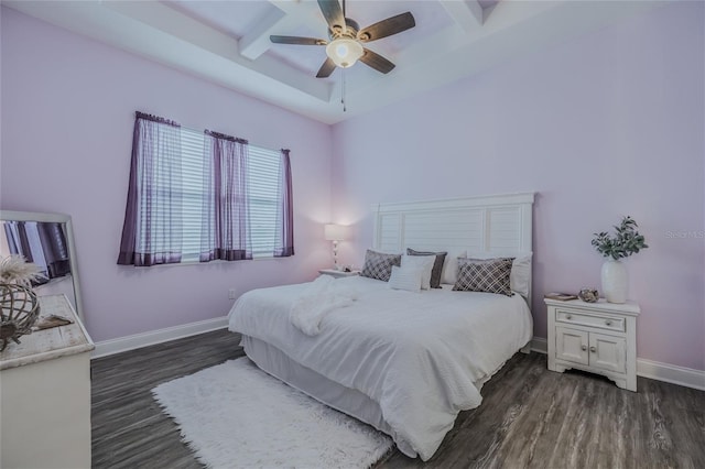 bedroom featuring a raised ceiling, ceiling fan, and dark hardwood / wood-style flooring