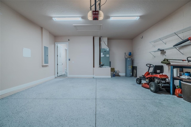 garage featuring electric water heater, heating unit, electric panel, and a garage door opener