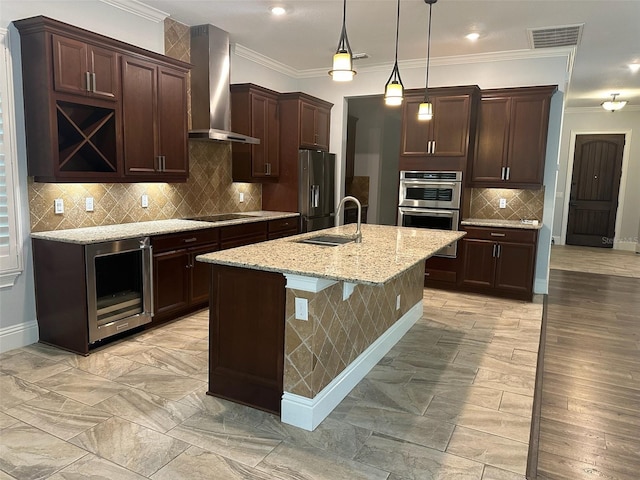 6301 Swanson St, Windermere, FL 34786 - kitchen featuring wall chimney exhaust hood, beverage cooler, a sink, stainless steel appliances, and ornamental molding