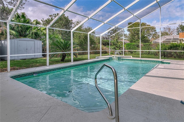 view of swimming pool with glass enclosure, a storage shed, a fenced in pool, and an outdoor structure