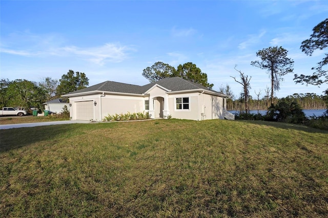 ranch-style house featuring an attached garage, driveway, a front lawn, and stucco siding