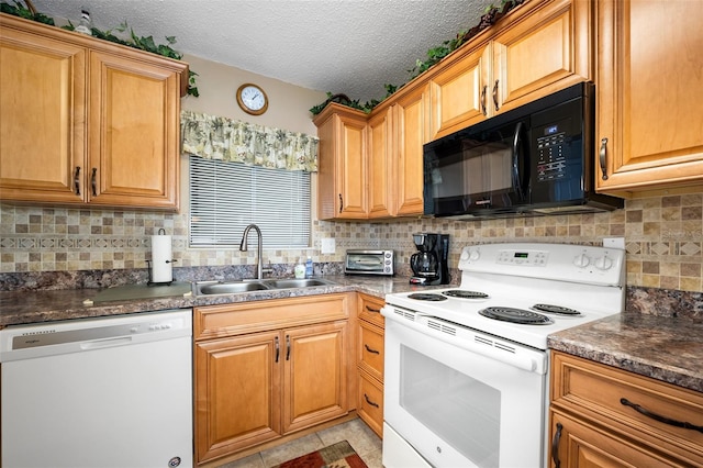 kitchen with sink, white appliances, backsplash, a textured ceiling, and dark stone counters