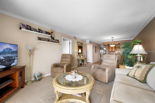 living room with ornamental molding, light colored carpet, and a textured ceiling