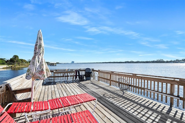 view of dock with a water view