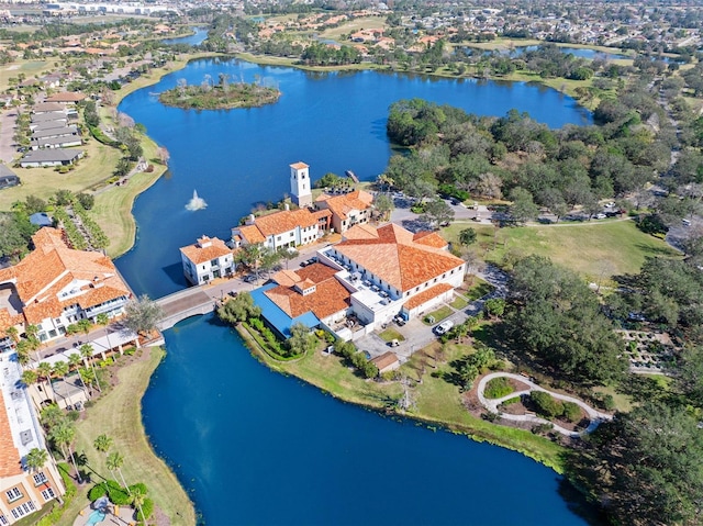 drone / aerial view featuring a water view