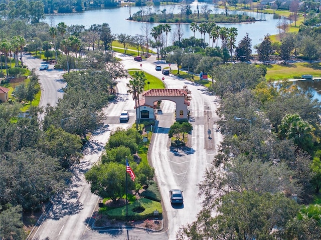 aerial view featuring a water view