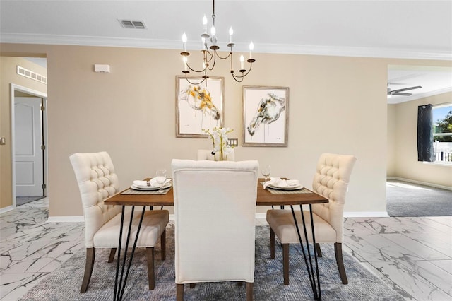 dining room with an inviting chandelier and crown molding