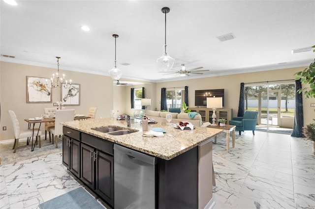 kitchen with decorative light fixtures, an island with sink, sink, stainless steel dishwasher, and light stone countertops