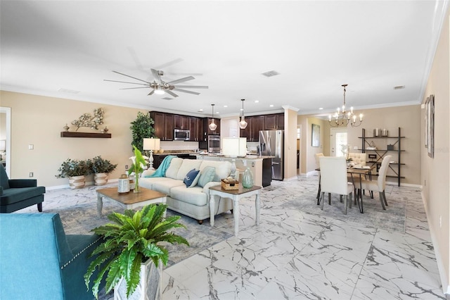 living room with ornamental molding and ceiling fan with notable chandelier