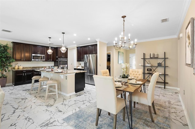 dining area with visible vents, recessed lighting, a notable chandelier, marble finish floor, and crown molding