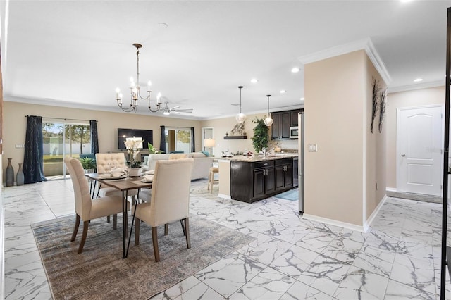 dining space featuring recessed lighting, crown molding, marble finish floor, and a notable chandelier