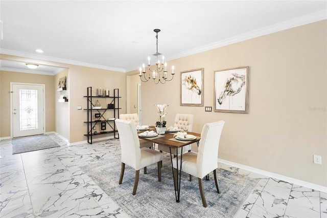 dining area featuring baseboards, recessed lighting, a chandelier, marble finish floor, and crown molding