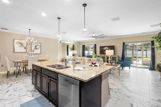 kitchen featuring a sink, plenty of natural light, visible vents, marble finish floor, and dishwasher