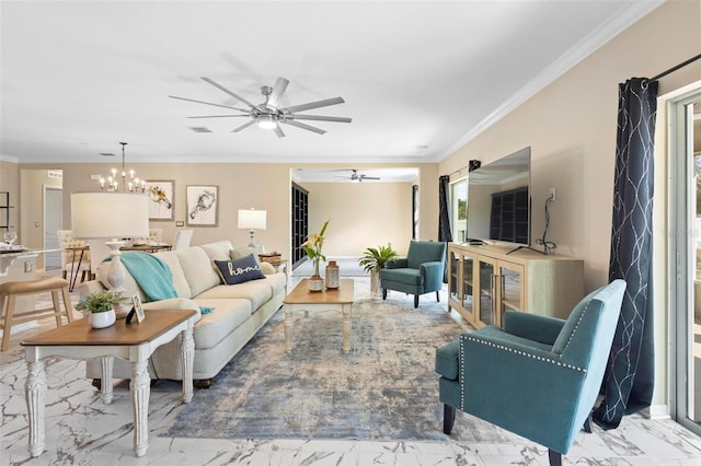 living room featuring ceiling fan with notable chandelier, marble finish floor, ornamental molding, and visible vents