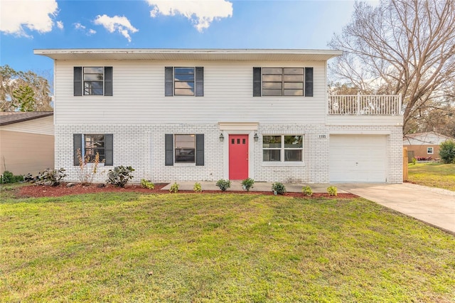 view of front of house featuring brick siding, concrete driveway, a front yard, a balcony, and a garage