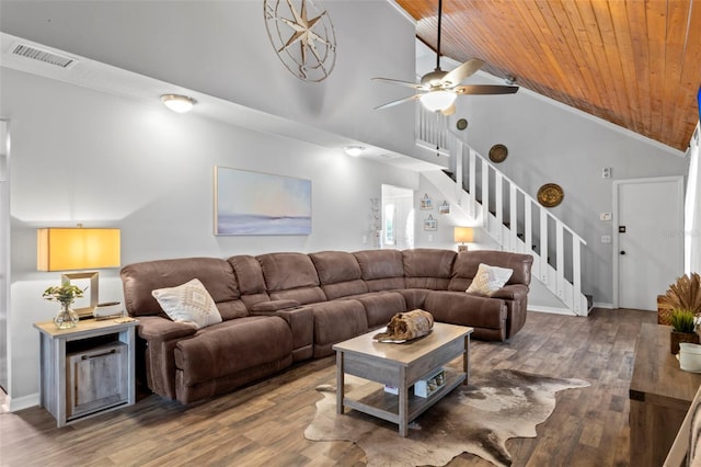 living room with wood-type flooring, high vaulted ceiling, ceiling fan, and wood ceiling