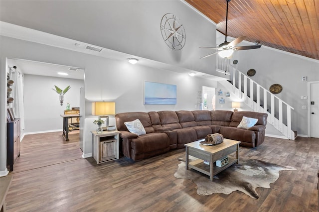 living room with wood ceiling, high vaulted ceiling, dark hardwood / wood-style floors, and ceiling fan