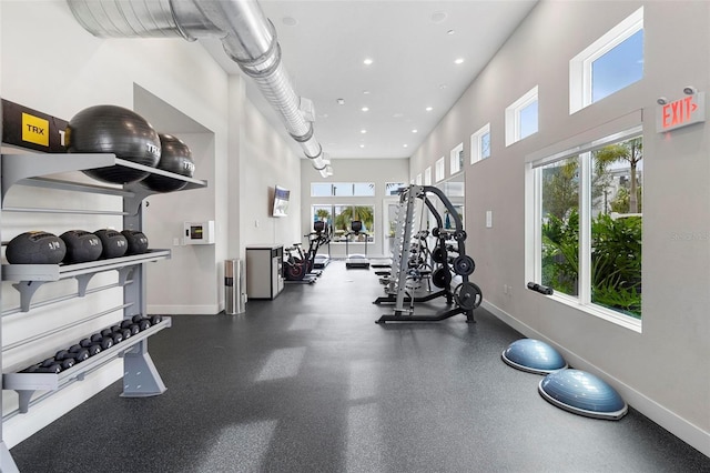 exercise room featuring a towering ceiling and plenty of natural light