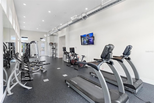 exercise room featuring a high ceiling