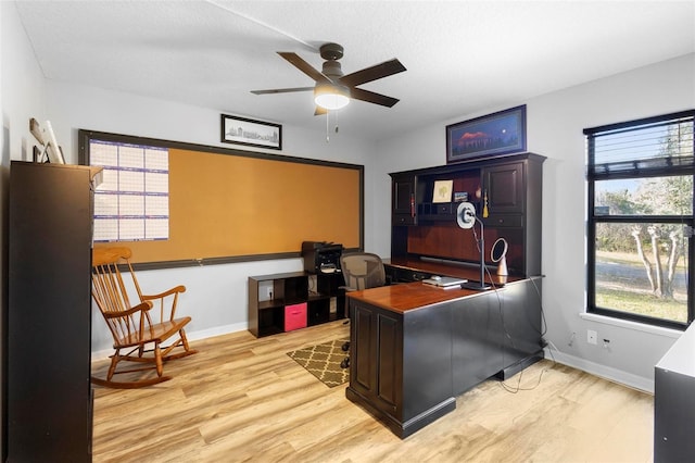 home office featuring ceiling fan and light wood-type flooring