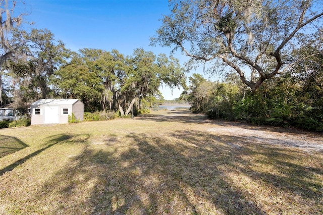 view of yard with a storage shed