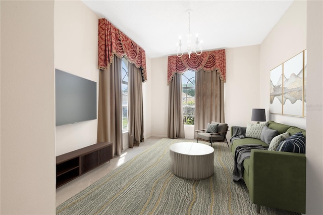 living area with light colored carpet and a chandelier