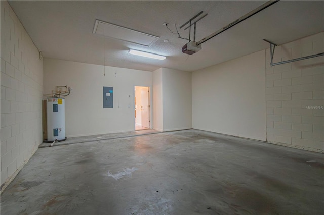 garage featuring a garage door opener, electric panel, and electric water heater