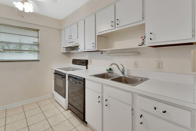 kitchen featuring light tile patterned floors, sink, dishwasher, electric range oven, and white cabinets