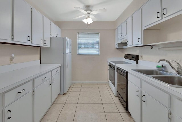 kitchen featuring sink, dishwasher, ceiling fan, white cabinetry, and electric range