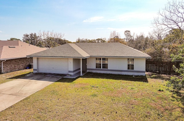 ranch-style house with a garage and a front lawn