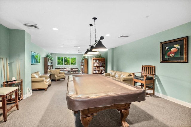 game room with light colored carpet and billiards