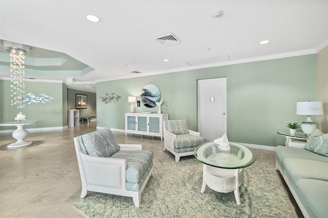 living room with ornamental molding