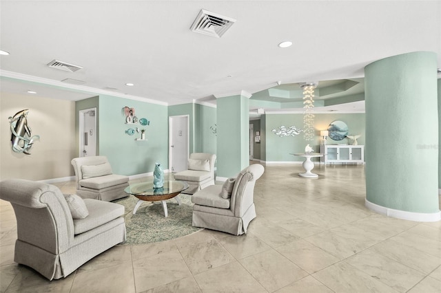 living room with crown molding