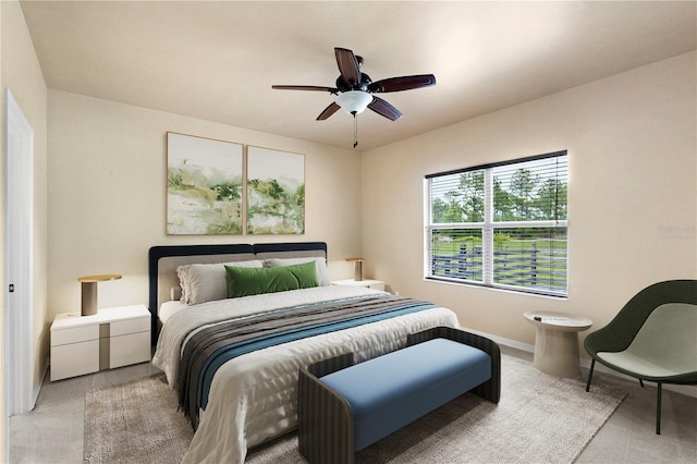 bedroom featuring ceiling fan and carpet