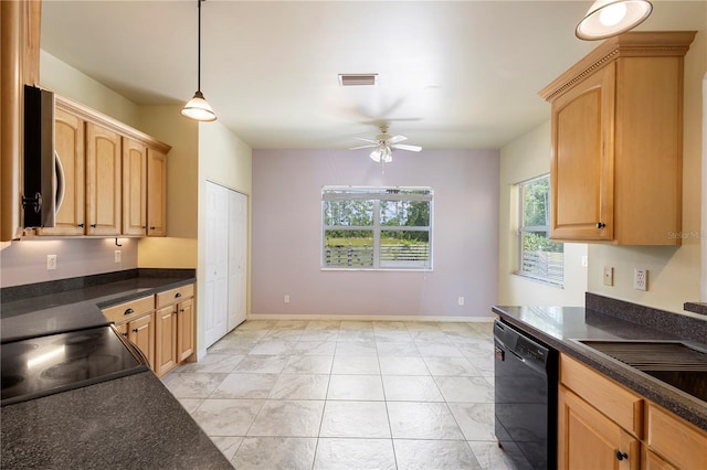 kitchen with light brown cabinetry, ceiling fan, decorative light fixtures, and black dishwasher