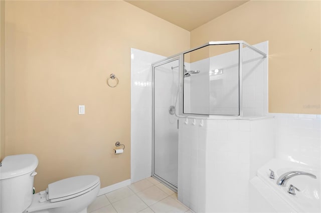 bathroom with tile patterned flooring, independent shower and bath, and toilet