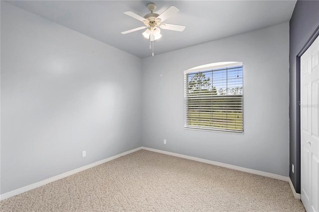 unfurnished room featuring ceiling fan and carpet flooring