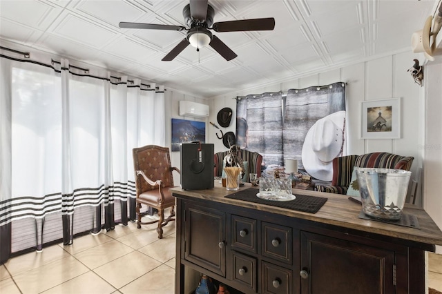 bar with light tile patterned floors, wooden counters, ceiling fan, dark brown cabinetry, and a wall mounted air conditioner