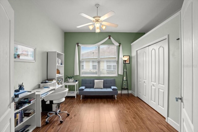 office space featuring hardwood / wood-style floors and ceiling fan