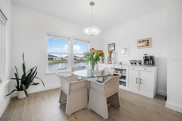 dining space featuring a water view and light hardwood / wood-style flooring